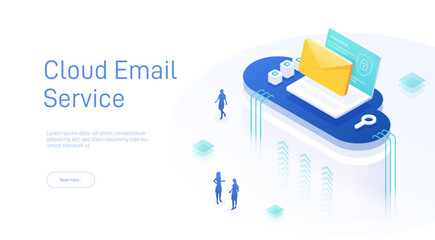 Cloud email service concept. Online Message Service. Cloud Server Hosting for Email. Creative isometric 3d vector illustration.