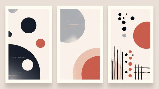 Fototapeta A set of three abstract minimalist backgrounds. Hand drawn illustrations with geometric art patterns for wall decoration, postcards or brochures, cover design, printing, hanging pictures, social media