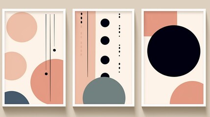 A set of three abstract minimalist backgrounds. Hand drawn illustrations with geometric art patterns for wall decoration, postcards or brochures, cover design, printing, hanging pictures, social media