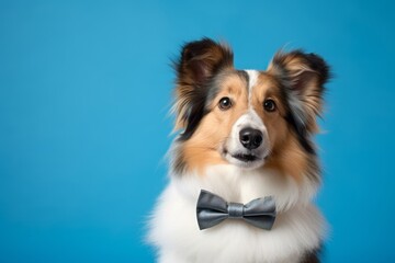 Photography in the style of pensive portraiture of a cute shetland sheepdog wearing a tuxedo against a sky-blue background. With generative AI technology