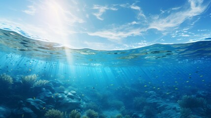 Split underwater view with sunny sky and serene sea