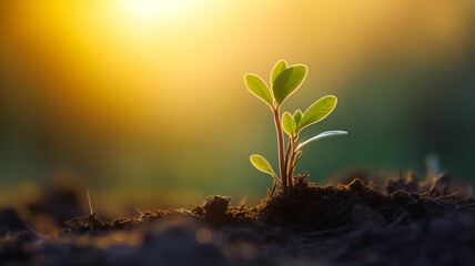Baby plant sprouts in morning sun, Garden flower first leaves at golden hour | Generative AI
