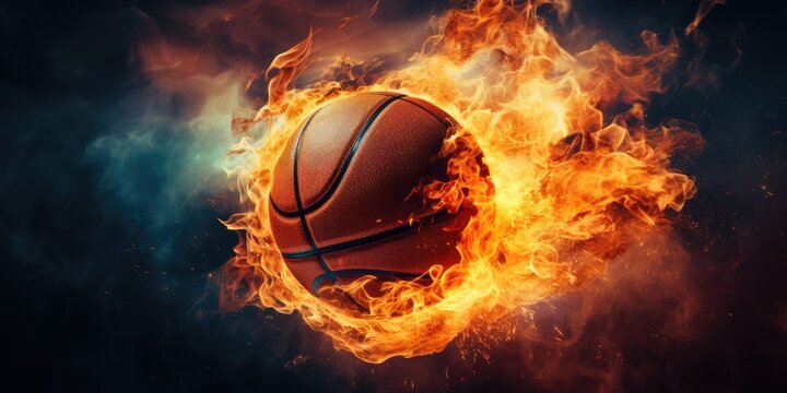Hot basketball in fires flame. Generative AI
