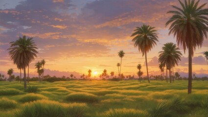 Landscape of grass and plam tress on sunset - Powered by Adobe