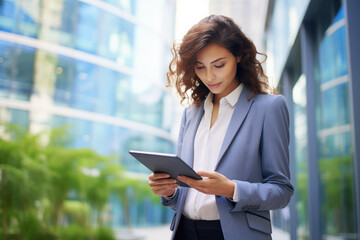 Fototapeta premium Successful businesswoman holding a tablet and going for work to her office