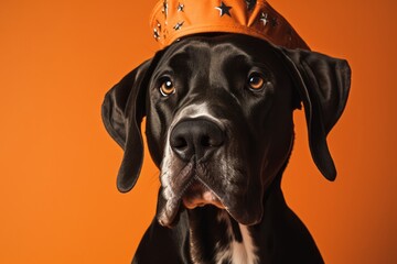 Close-up portrait photography of a happy great dane wearing a pirate hat against a pastel orange background. With generative AI technology - obrazy, fototapety, plakaty