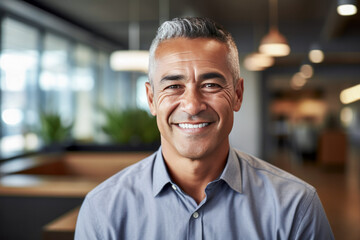 Smiling older businessman in blue open colar shirt.