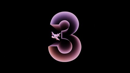 Cute 3d illustration of number three with 3d airplane. Neon font concept. Unique collection of numbers. Modern neon alphabet. 3d illustration highly usable. Copy space. 