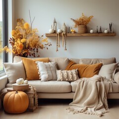 Autumn cozy home interior with candles, pumpkins and flowers