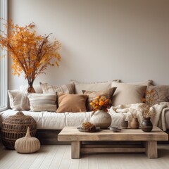 Autumn cozy home interior with candles, pumpkins and flowers