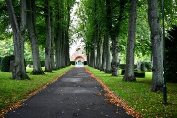 Pathway in park to church