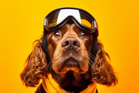 Close-up portrait photography of a funny cocker spaniel wearing a ski suit against a yellow background. With generative AI technology