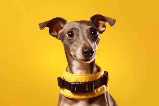Close-up portrait photography of a cute italian greyhound dog wearing a swimming vest against a yellow background. With generative AI technology
