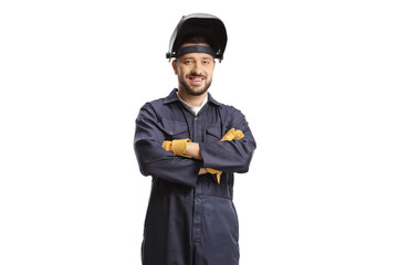 Welder in a uniform and a shield above his head