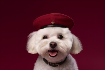 Medium shot portrait photography of a smiling bichon frise wearing a beret against a burgundy red background. With generative AI technology