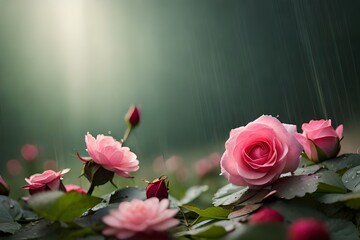 rain falling against pink rose petals 