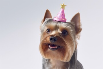 Headshot portrait photography of a happy yorkshire terrier wearing a unicorn horn against a pearl white background. With generative AI technology