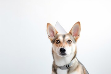 Medium shot portrait photography of a cute norwegian lundehund wearing a shark fin against a pearl white background. With generative AI technology