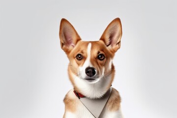 Medium shot portrait photography of a cute norwegian lundehund wearing a shark fin against a pearl white background. With generative AI technology