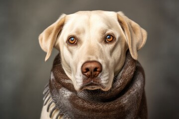 Photography in the style of pensive portraiture of a funny labrador retriever wearing a warm scarf...