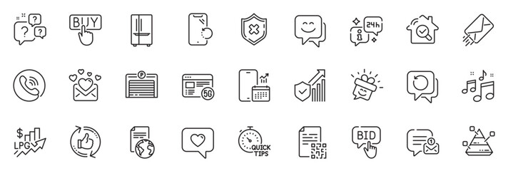 Fototapeta na wymiar Icons pack as Love message, Security statistics and Question bubbles line icons for app include Smile face, Parking garage, Refrigerator outline thin icon web set. E-mail, New message. Vector