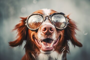 Close-up portrait photography of a happy brittany dog wearing a hipster glasses against a metallic...