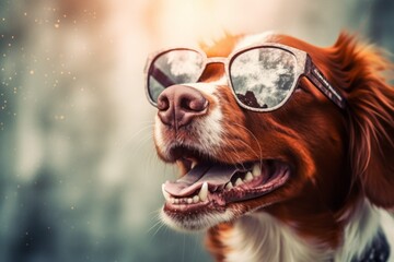 Close-up portrait photography of a happy brittany dog wearing a hipster glasses against a metallic...