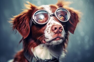 Close-up portrait photography of a happy brittany dog wearing a hipster glasses against a metallic silver background. With generative AI technology