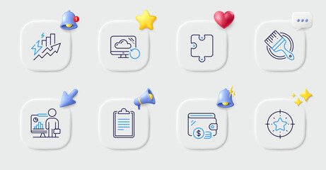 Teacher, Clipboard and Brush line icons. Buttons with 3d bell, chat speech, cursor. Pack of Puzzle, Recovery cloud, Consumption growth icon. Wallet, Star target pictogram. Vector