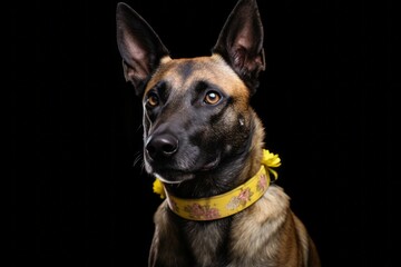 Medium shot portrait photography of a cute belgian malinois dog wearing a floral collar against a...