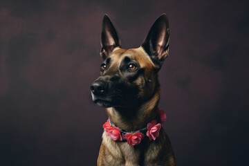 Medium shot portrait photography of a cute belgian malinois dog wearing a floral collar against a...