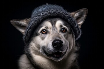 Close-up portrait photography of a smiling norwegian elkhound wearing a cool cap against a metallic...