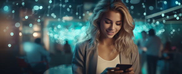 A young woman using a phone. Screen time. Internet addiction. A young businesswoman. Gen Z. Millennial. Social media. Pretty.