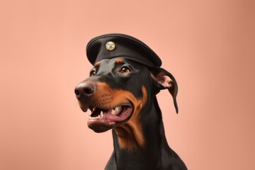 Close-up portrait photography of a smiling doberman pinscher wearing a beret against a beige background. With generative AI technology