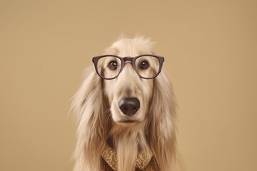 Close-up portrait photography of a smiling afghan hound dog wearing a hipster glasses against a beige background. With generative AI technology