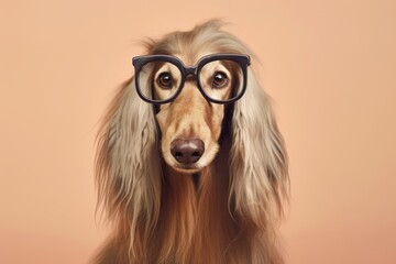 Close-up portrait photography of a smiling afghan hound dog wearing a hipster glasses against a beige background. With generative AI technology