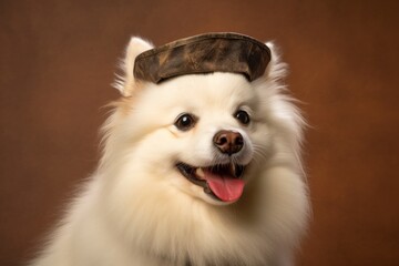 Studio portrait photography of a happy american eskimo dog wearing a pirate hat against a beige background. With generative AI technology