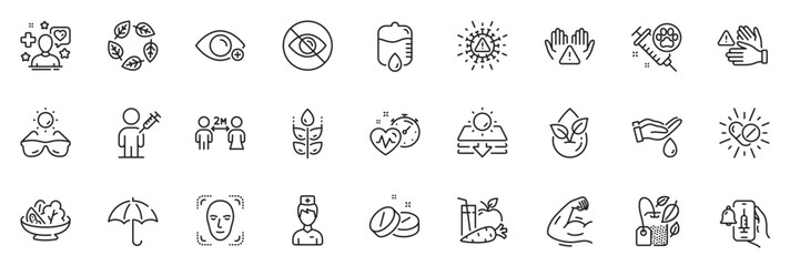 Icons pack as Dont touch, Sunglasses and Doctor line icons for app include Vaccine announcement, Drop counter, Sun protection outline thin icon web set. Cardio training. Vector