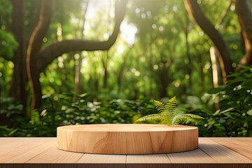 Wooden Visualizer with Forest Scene Backdrop Wallpaper,Nature’s Podium: A Wooden Stage in the Forest