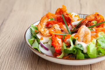 Shrimp, Ebiko and crab stick salad with yogurt dressing