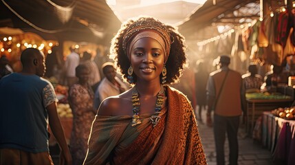 Model of African descent amidst a traditional African market, capturing the essence and culture