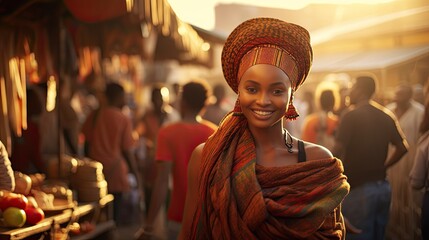 Model of African descent amidst a traditional African market, capturing the essence and culture