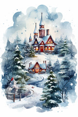 Watercolor winter landscape Illustration . Christmas village houses with snow spruce forest.
