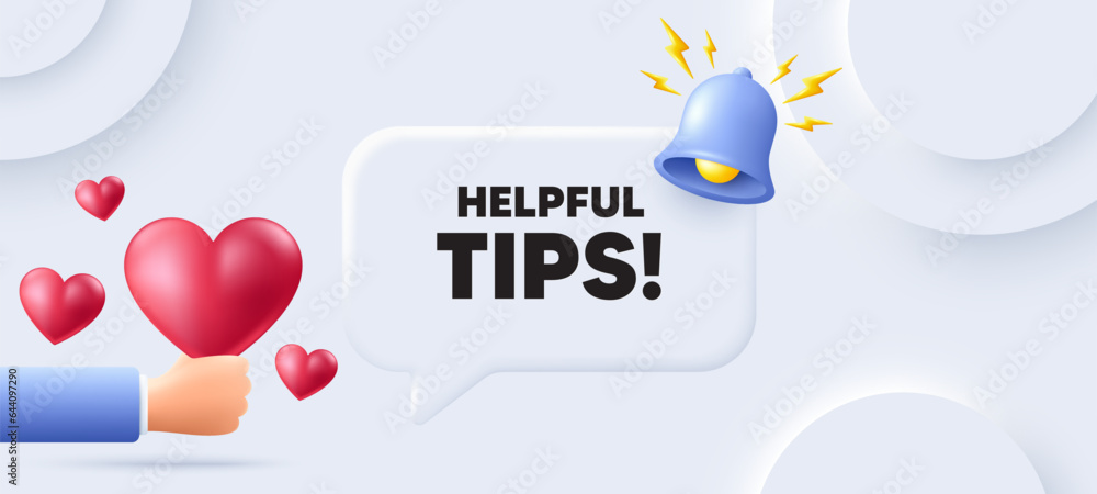 Poster helpful tips tag. neumorphic background with speech bubble. education faq sign. help assistance symb
