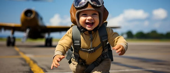 Tuinposter At the aerodrome, a happy boy running wears an aviation hat.. © tongpatong