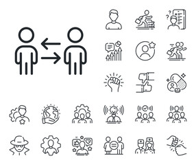 Meeting sign. Specialist, doctor and job competition outline icons. Teamwork business line icon. People management symbol. Teamwork business line sign. Avatar placeholder, spy headshot icon. Vector