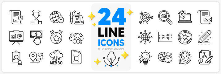 Icons set of Work home, Ranking star and Mail letter line icons pack for app with Time zone, Target, Payment click thin outline icon. Winner podium, Brand contract, Presentation pictogram. Vector