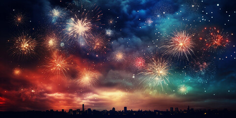 Fototapeta na wymiar Fireworks background in a city