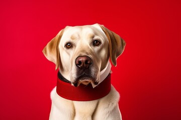 Medium shot portrait photography of a funny labrador retriever wearing a bandage against a ruby red background. With generative AI technology