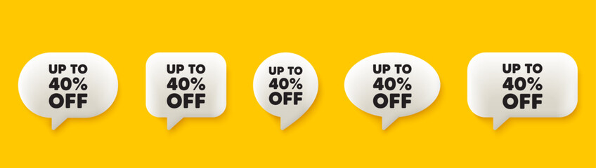 Up to 40 percent off sale. 3d chat speech bubbles set. Discount offer price sign. Special offer symbol. Save 40 percentages. Discount tag talk speech message. Talk box infographics. Vector
